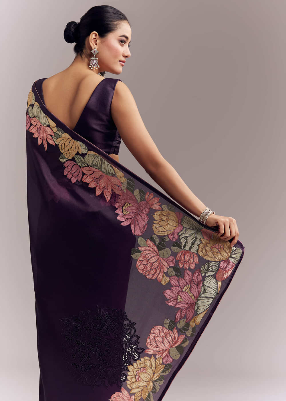 Purple Organza Silk Saree With Floral Resham Embroidery And Cutwork