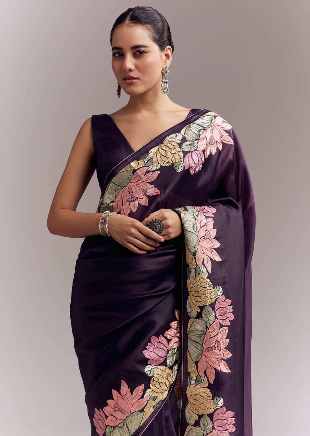 Purple Organza Silk Saree With Floral Resham Embroidery And Cutwork
