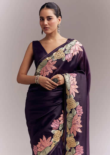 Purple Organza Silk Saree With Floral Resham Embroidery And Cutwork