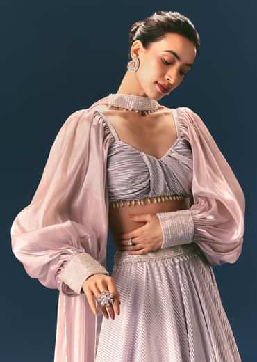 Purple Pre-Pleated Lehenga And Blouse Set With Choker Dupatta