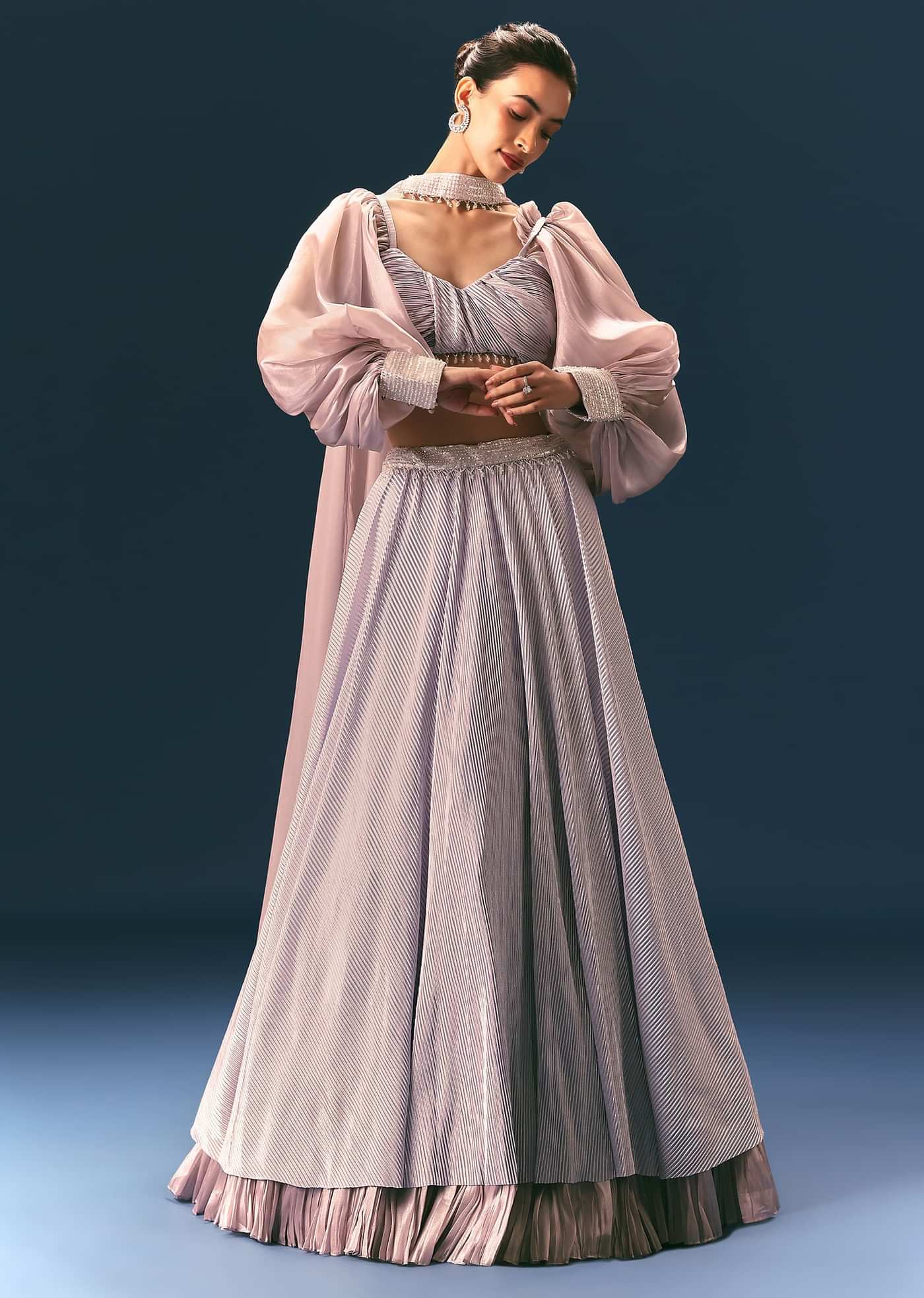 Purple Pre-Pleated Lehenga And Blouse Set With Choker Dupatta