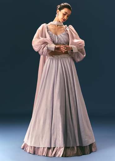 Purple Pre-Pleated Lehenga And Blouse Set With Choker Dupatta