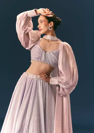 Purple Pre-Pleated Lehenga And Blouse Set With Choker Dupatta