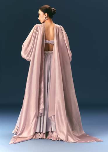 Purple Pre-Pleated Lehenga And Blouse Set With Choker Dupatta