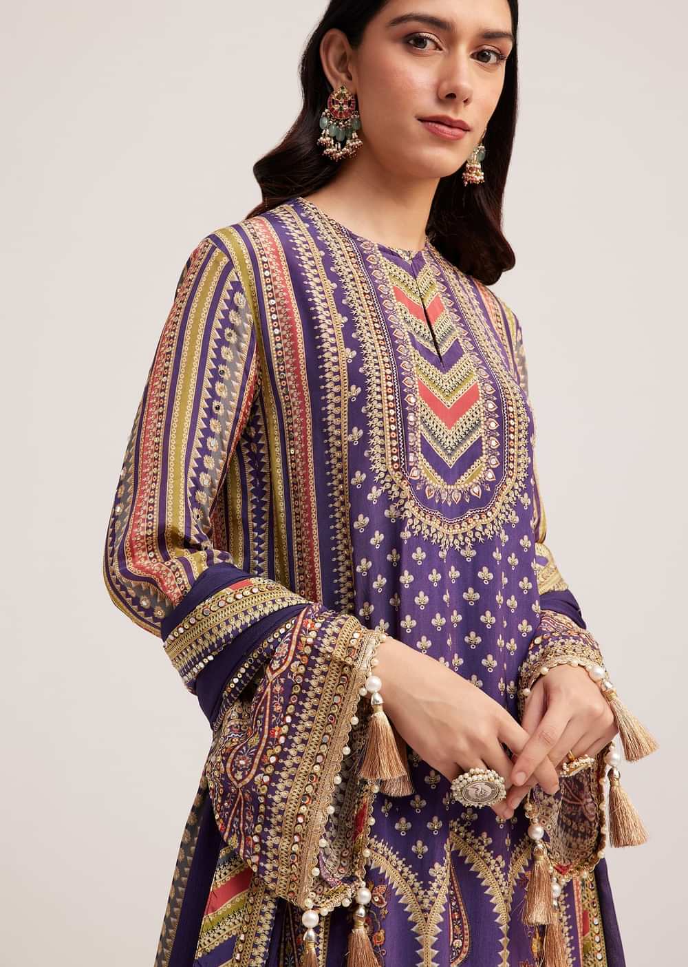 Purple Printed Palazzo Set With Mirror Work