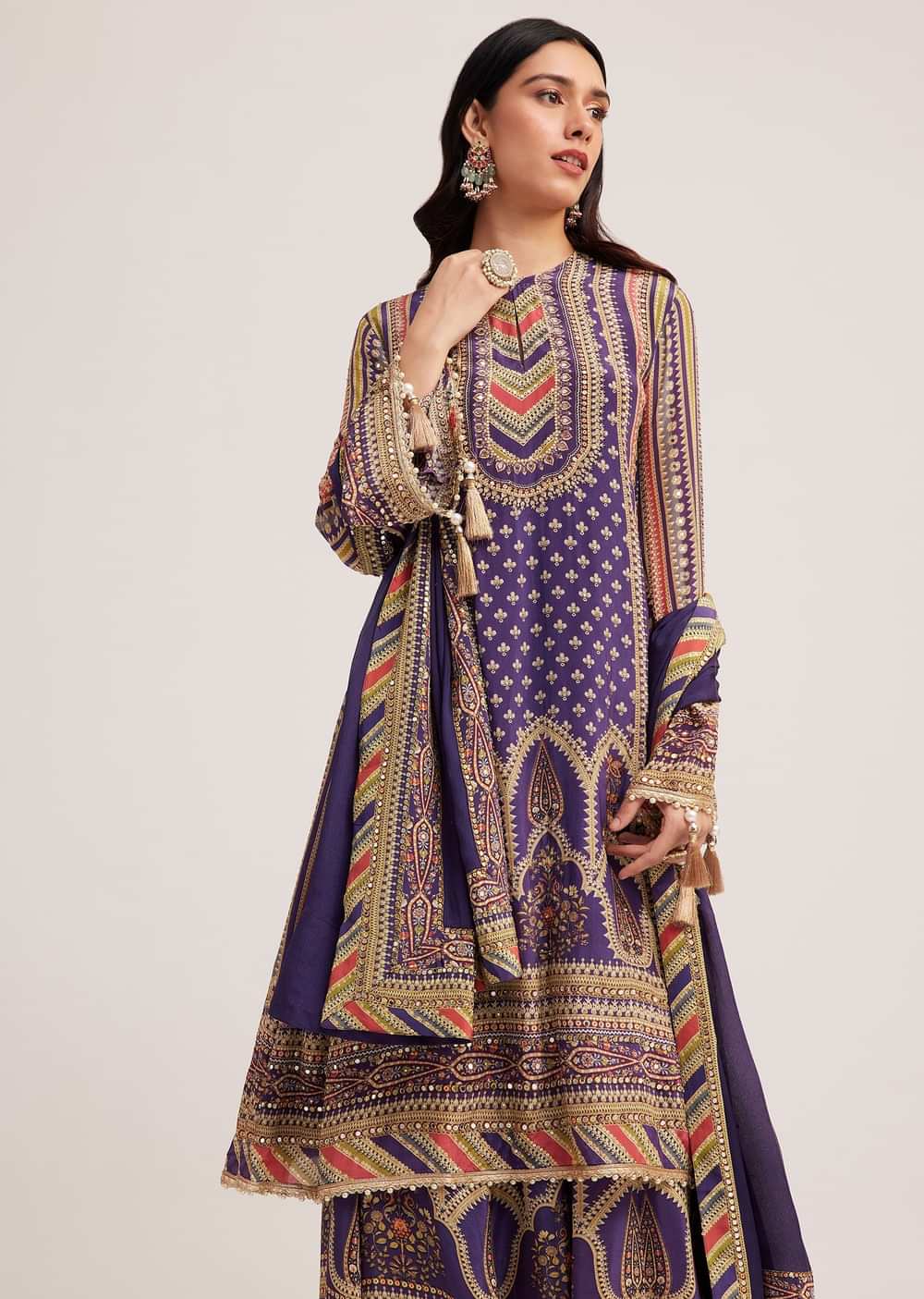 Purple Printed Palazzo Set With Mirror Work