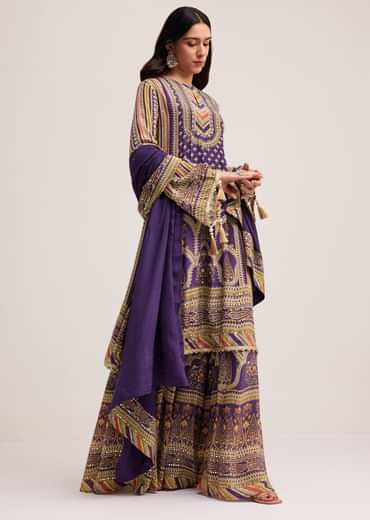Purple Printed Palazzo Set With Mirror Work