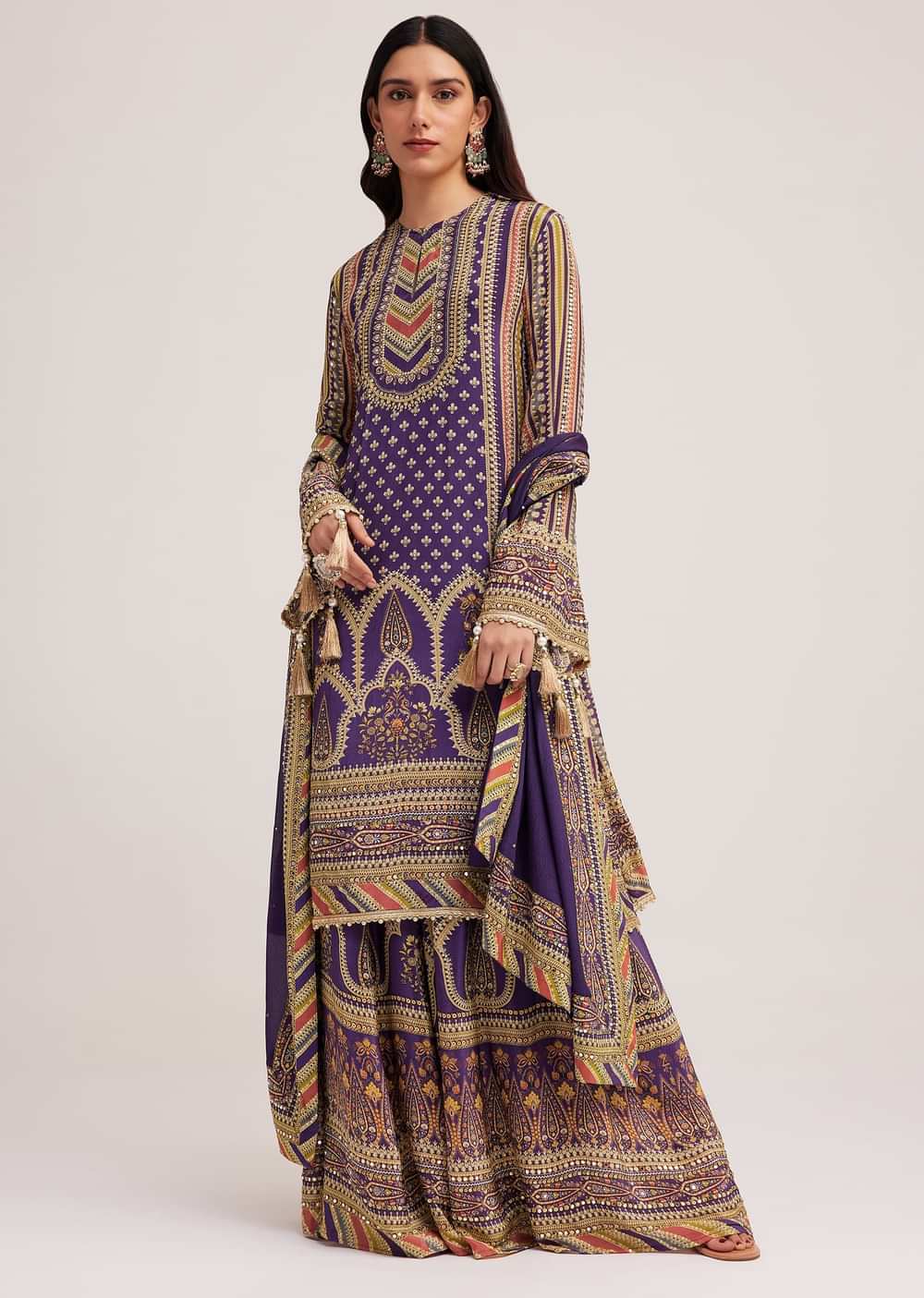 Purple Printed Palazzo Set With Mirror Work