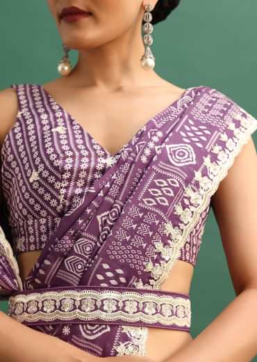 Purple Printed Satin Saree With Sequins Embroidered Border And Unstitched Blouse