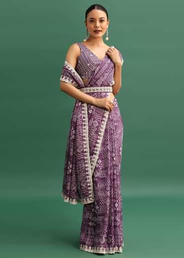 Purple Printed Satin Saree With Sequins Embroidered Border And Unstitched Blouse