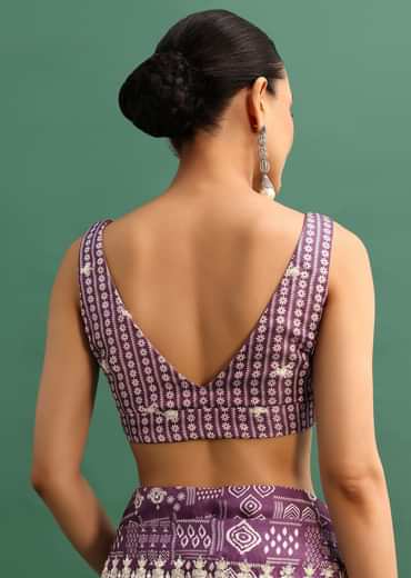 Purple Printed Satin Saree With Sequins Embroidered Border And Unstitched Blouse