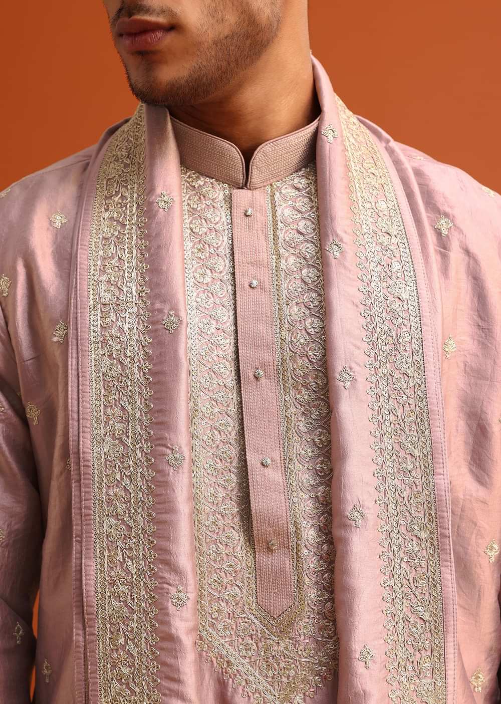 Purple Raw Silk Kurta Set With Thread Work Dupatta