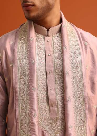 Purple Raw Silk Kurta Set With Thread Work Dupatta