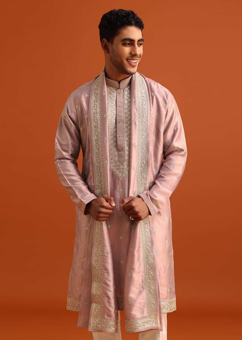 Purple Raw Silk Kurta Set With Thread Work Dupatta