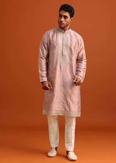 Purple Raw Silk Kurta Set With Thread Work Dupatta