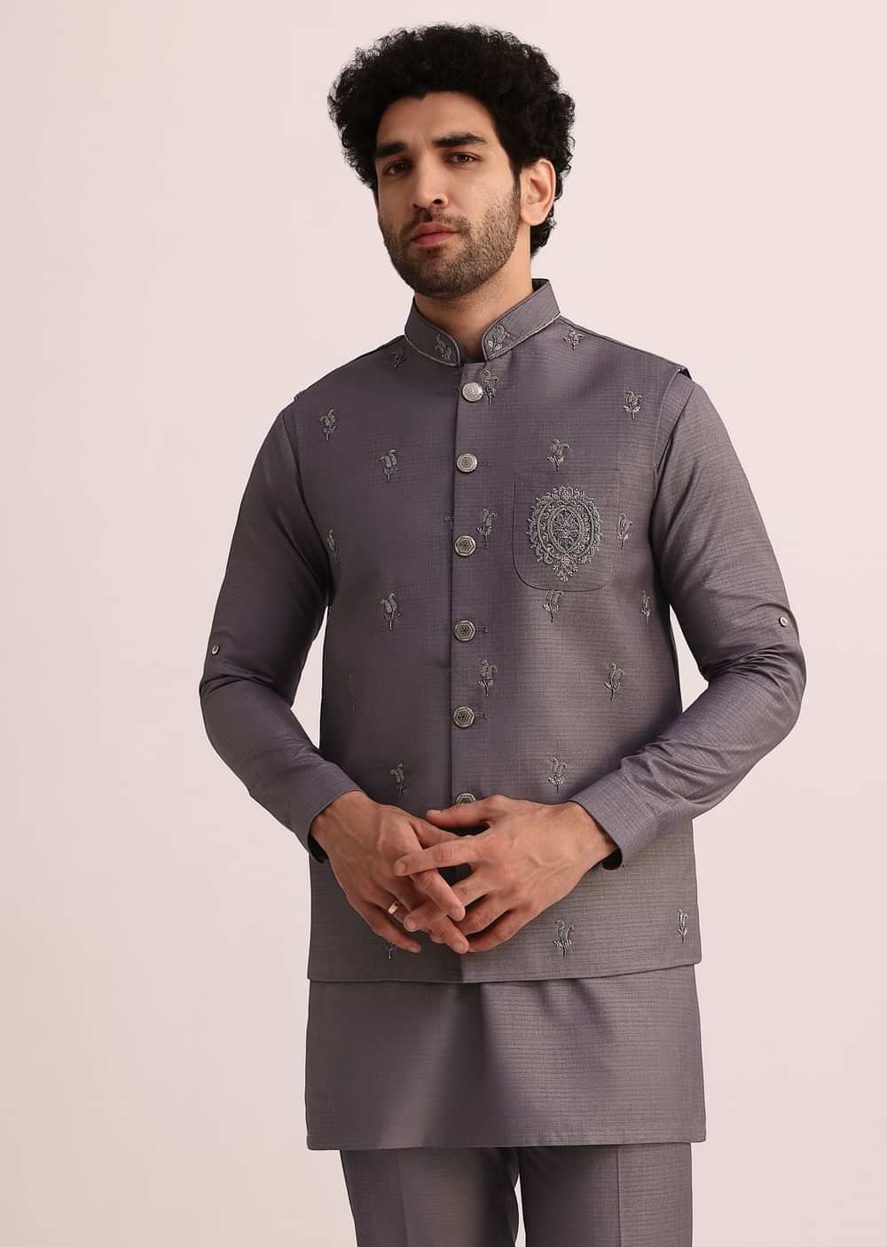 Purple Rayon Kurta Jacket With Mandarin Collar