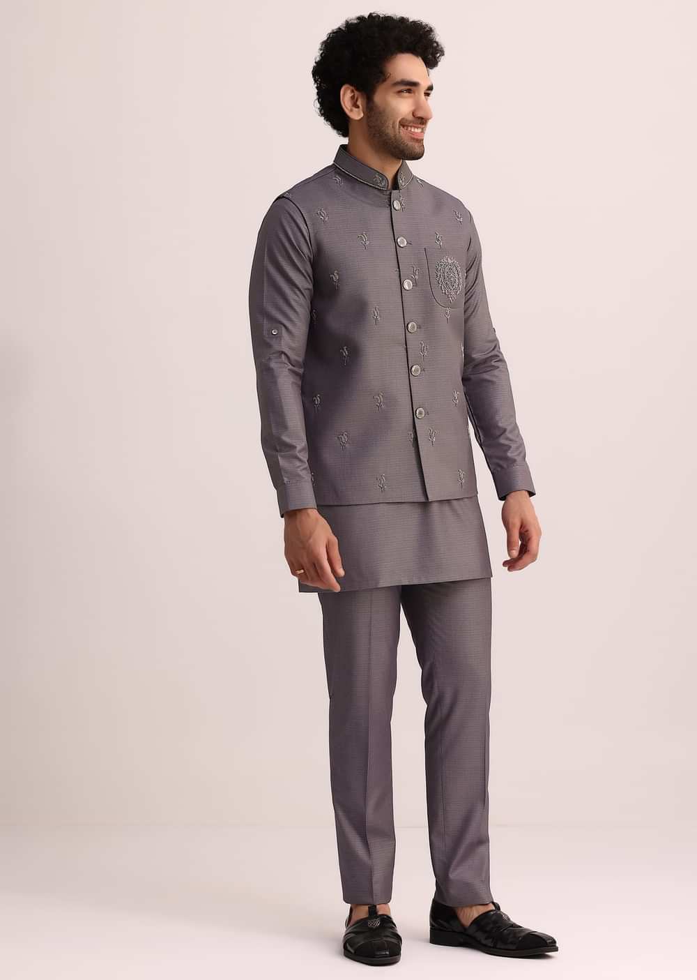 Purple Rayon Kurta Jacket With Mandarin Collar
