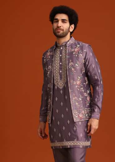 Purple Resham Work Kurta Jacket Set In Silk