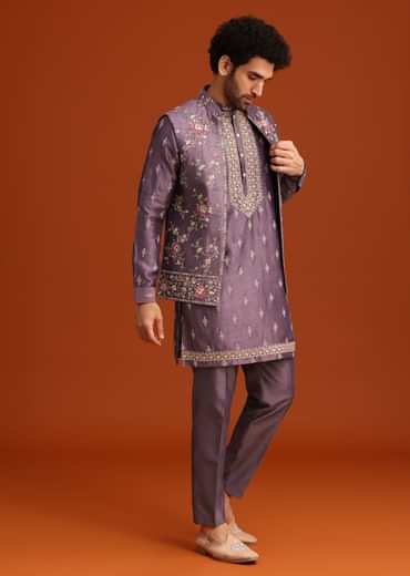 Purple Resham Work Kurta Jacket Set In Silk