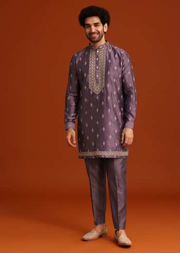 Purple Resham Work Kurta Jacket Set In Silk