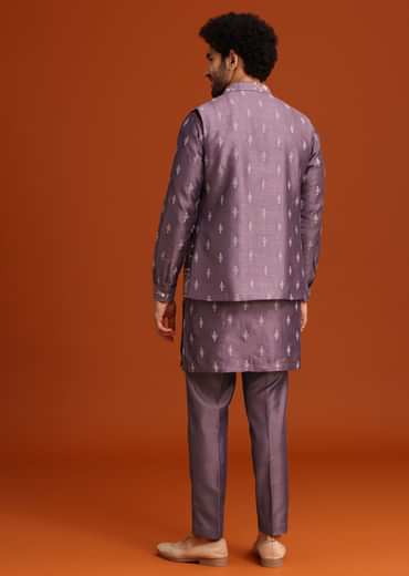 Purple Resham Work Kurta Jacket Set In Silk