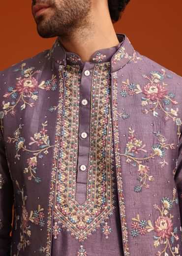 Purple Resham Work Kurta Jacket Set In Silk
