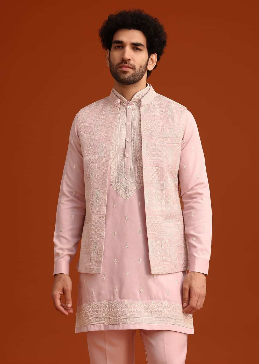 Purple Satin Embroidered Jacket Kurta Set
