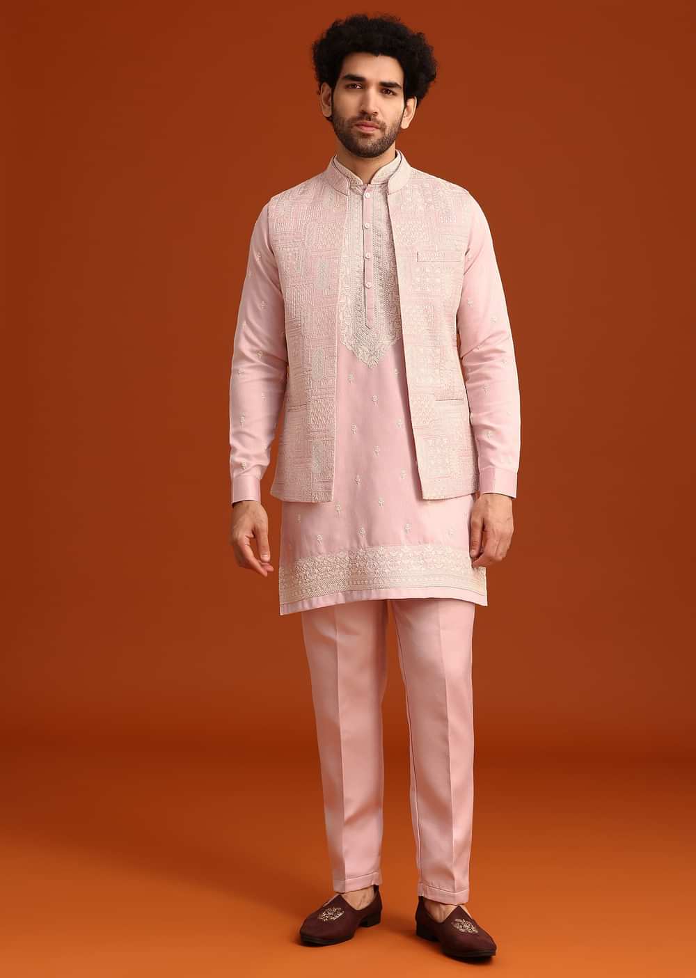 Purple Satin Embroidered Jacket Kurta Set