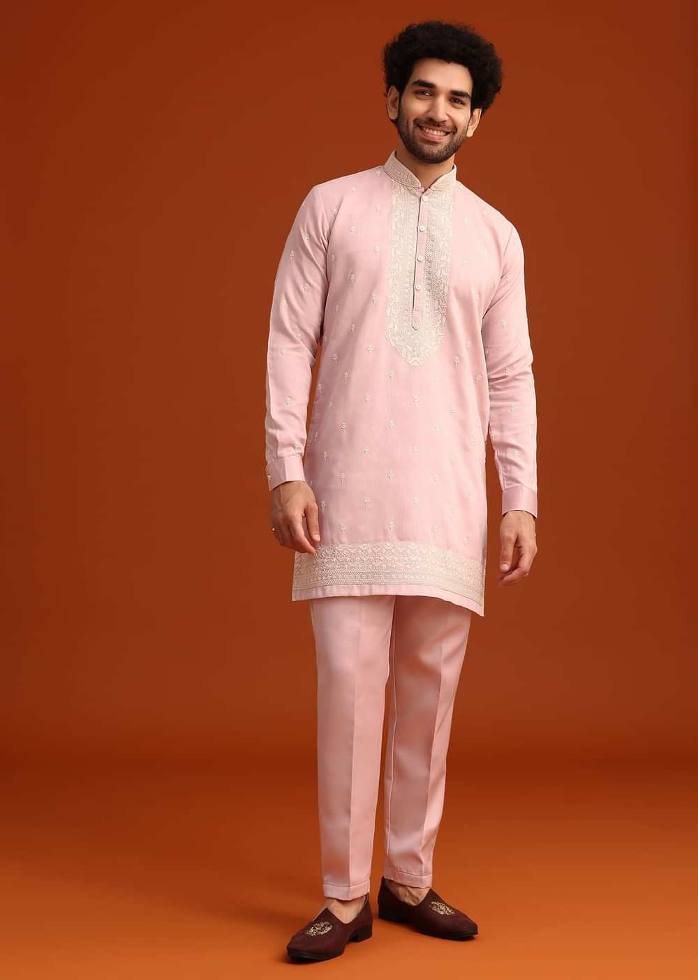 Purple Satin Embroidered Jacket Kurta Set