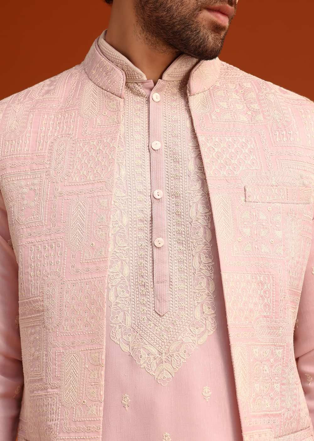 Purple Satin Embroidered Jacket Kurta Set