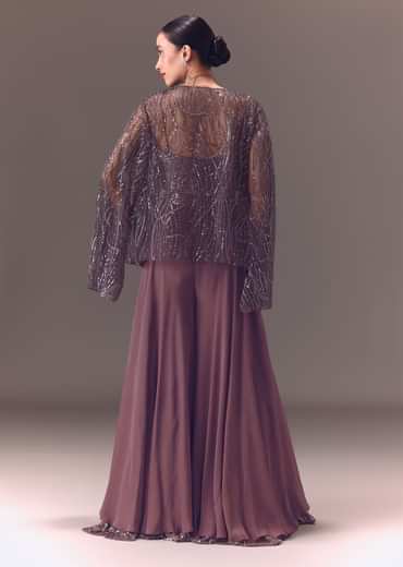 Purple Sequin Embellished Jacket And Palazzo Set