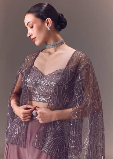 Purple Sequin Embellished Jacket And Palazzo Set