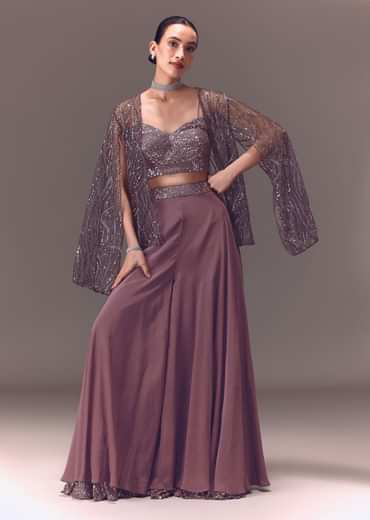 Purple Sequin Embellished Jacket And Palazzo Set