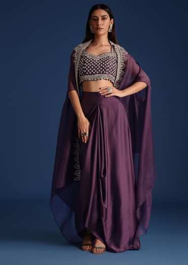 Purple Sequin Work Crop Top With Jacket And Draped Skirt
