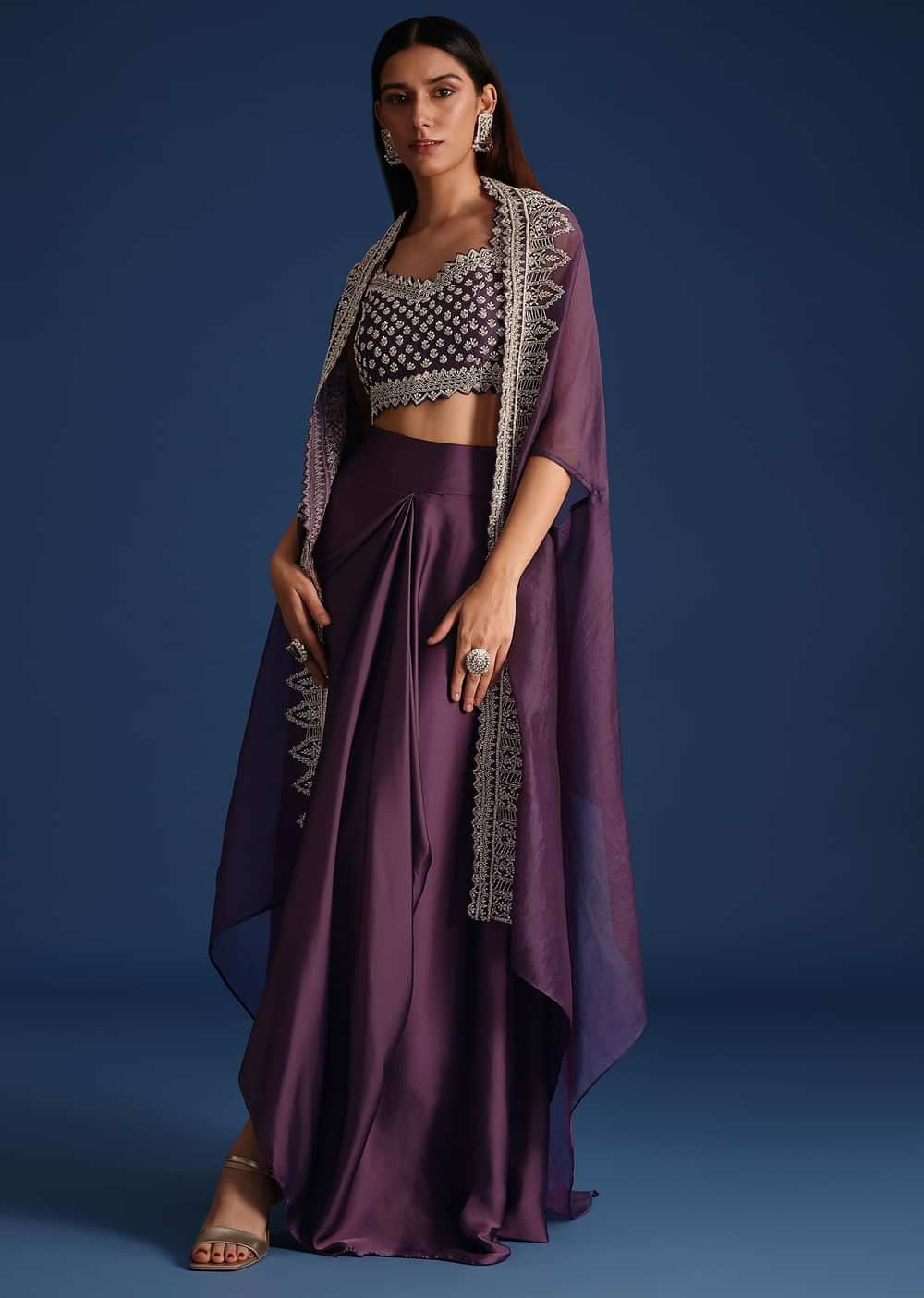 Purple Sequin Work Crop Top With Jacket And Draped Skirt