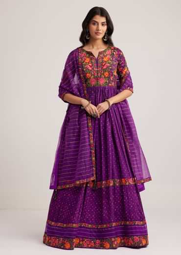 Purple Silk Bandhani Anarkali With Organza Dupatta