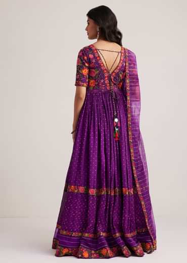 Purple Silk Bandhani Anarkali With Organza Dupatta
