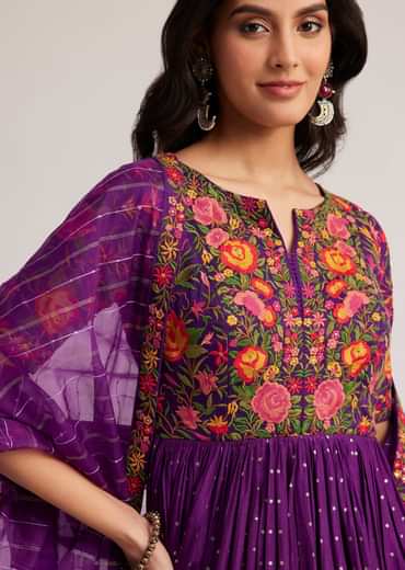 Purple Silk Bandhani Anarkali With Organza Dupatta