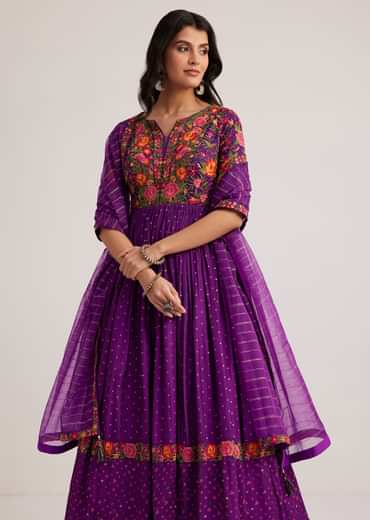 Purple Silk Bandhani Anarkali With Organza Dupatta
