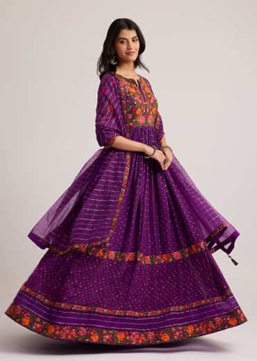 Purple Silk Bandhani Anarkali With Organza Dupatta
