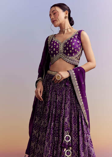 Purple Silk Bandhani Bridesmaid Lehenga With Zardosi Work