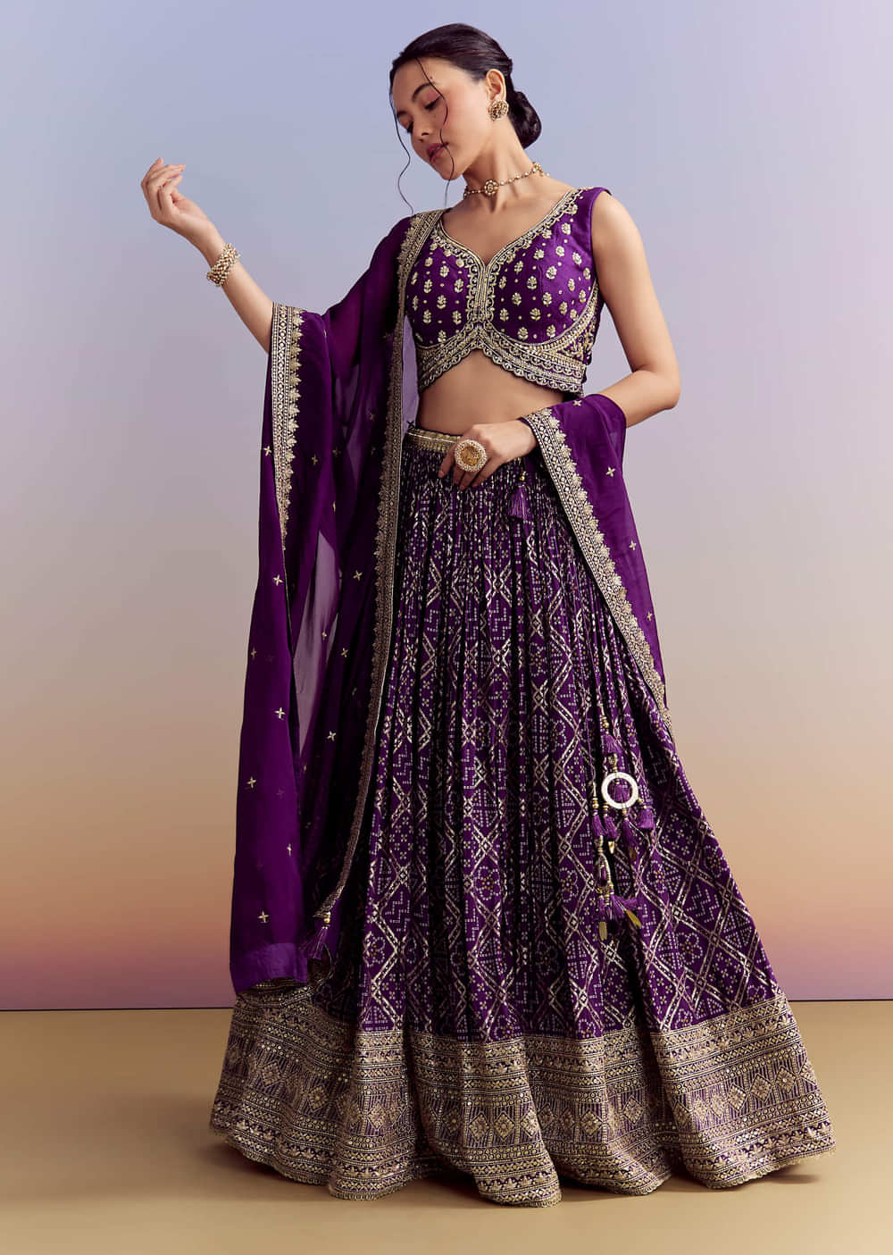 Purple Silk Bandhani Bridesmaid Lehenga With Zardosi Work