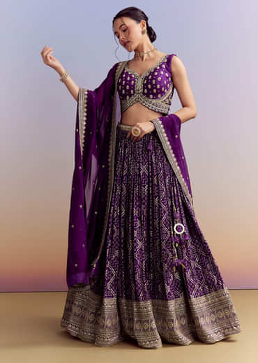 Purple Silk Bandhani Bridesmaid Lehenga With Zardosi Work