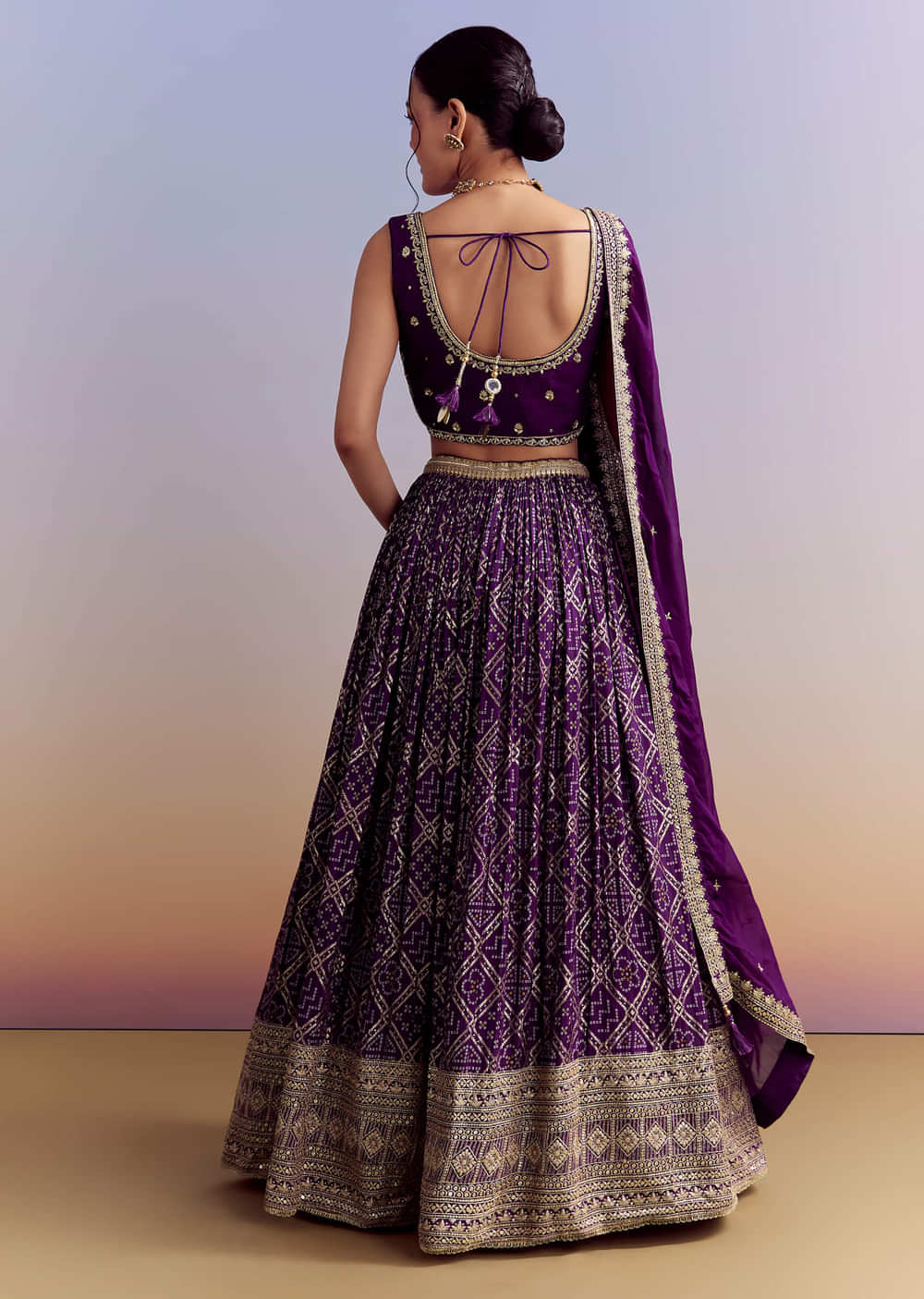 Purple Silk Bandhani Bridesmaid Lehenga With Zardosi Work