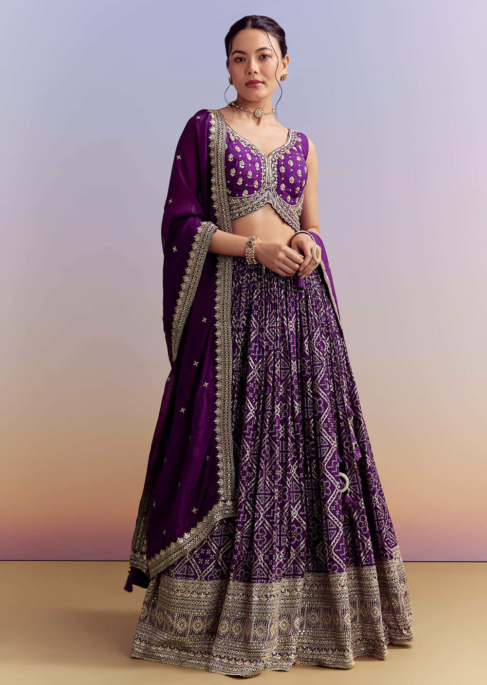 Purple Silk Bandhani Bridesmaid Lehenga With Zardosi Work