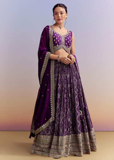 Purple Silk Bandhani Bridesmaid Lehenga With Zardosi Work