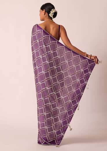 Purple Silk Bandhani Print Saree With Gota Embroidery And Unstitched Blouse Piece