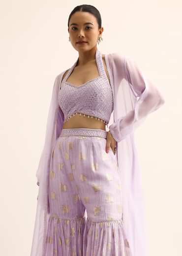Purple Silk Crop Top With Jacket And Sharara