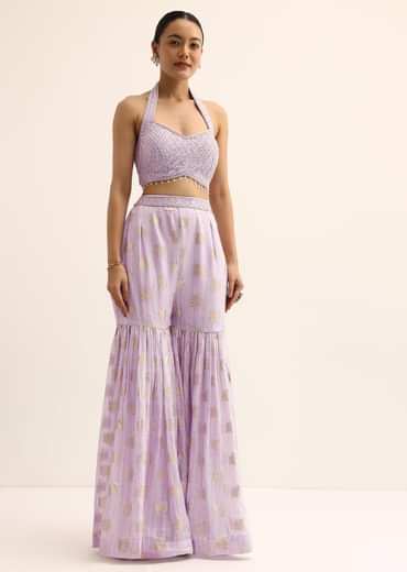 Purple Silk Crop Top With Jacket And Sharara