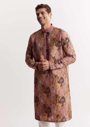 Purple Silk Floral Printed Kurta Set With Mandarin Collar